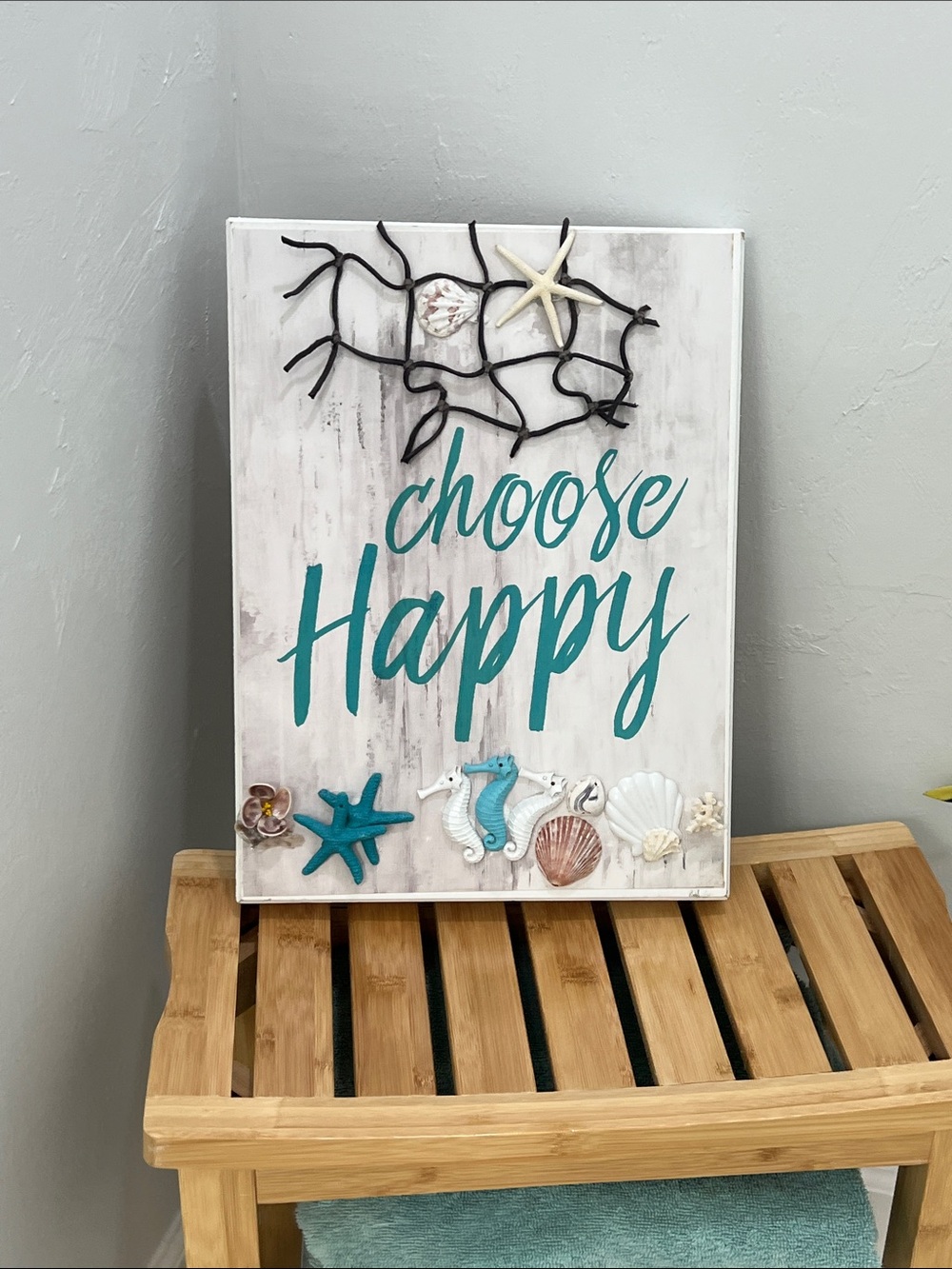 Choose Happy Teal Wall Art Sign - Coastal Ocean Vibe 16”x12” Starfish seahorse